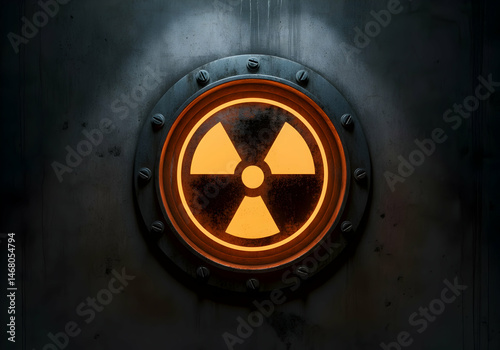 Radioactive Hazard Sign with Orange Backlight in Metal Frame Radiation Alert Icon Illuminated