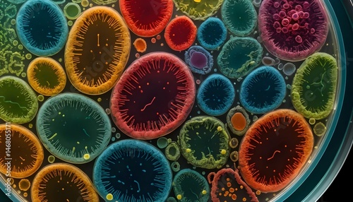 Colorful Microscopic Organisms in Petri Dish