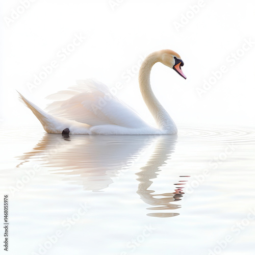 Elegant swan swimming in water on white background