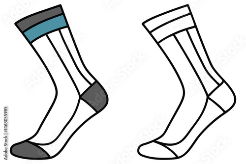 Two outline socks showcase distinct color block styles isolated on a transparent background