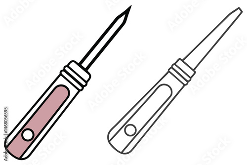 Two awls with plastic handles are displayed in color and outline versions, isolated