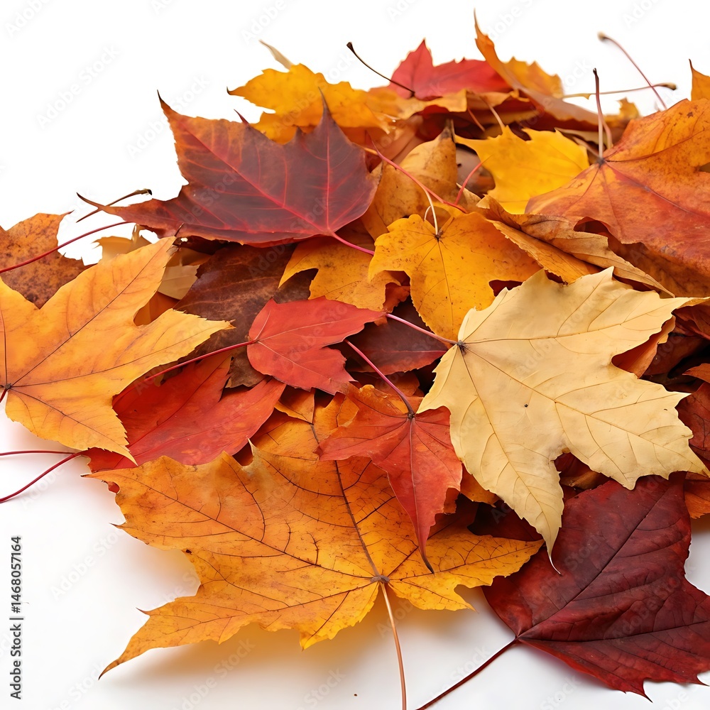Fototapeta premium Pile of autumn-colored leaves on white background