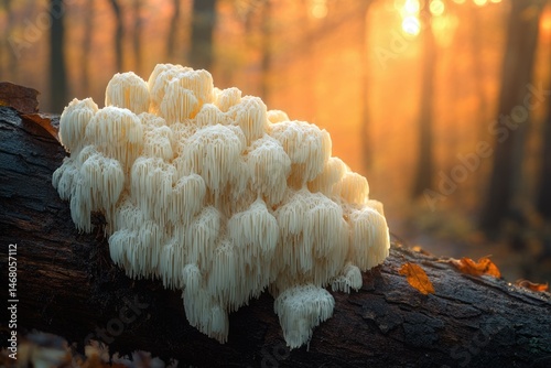 A large lion's mane mushroom grows on a log in a sun-drenched forest.