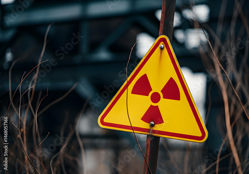 Yellow Nuclear Warning Sign in Nature Setting Caution Radiation Sign Radioactive Area Warning Board