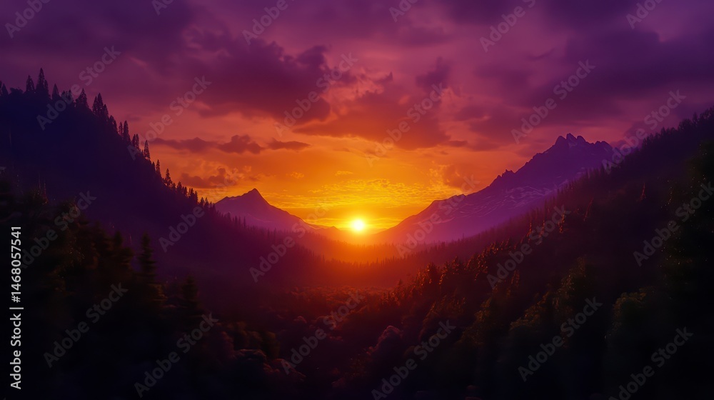 Obraz premium Beautiful sunset over a mountain range with a large sun in the sky. The sky is a mix of purple