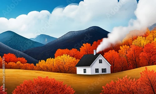 Cozy home nestled in autumn foliage with mountains a serene seasonal scene