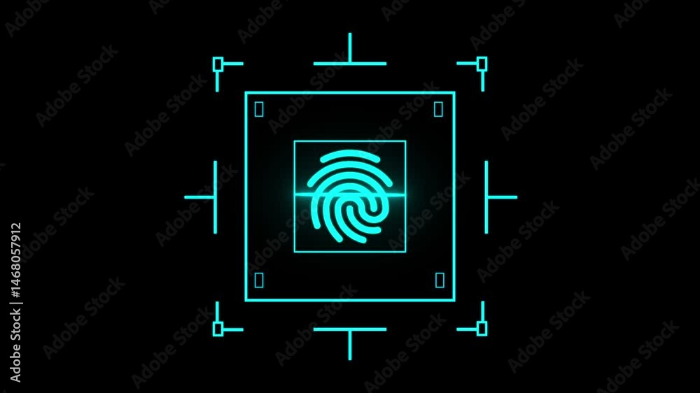Sci-Fi Fingerprint Scanning Animation with HUD Elements,fingerprint scanner hud icon  animation on black background.Biometric Fingerprint Identification HUD Animation on black background.