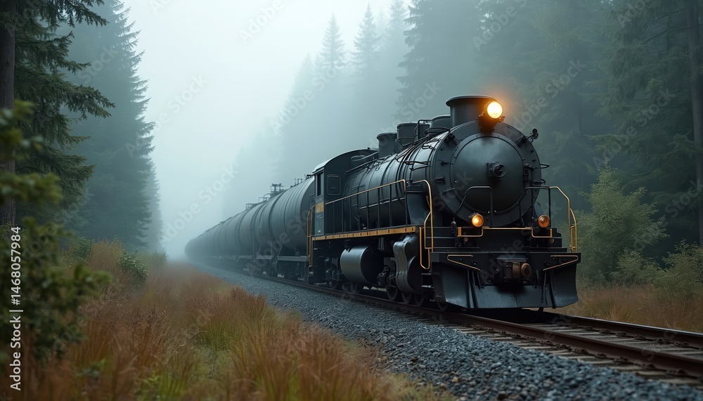 Fototapeta premium Freight train rolls through foggy forest. Locomotive transports cargo along railway tracks. Heavy industry with locomotive, train cars, tank cars. Transportation of petroleum products, fuel, oil in