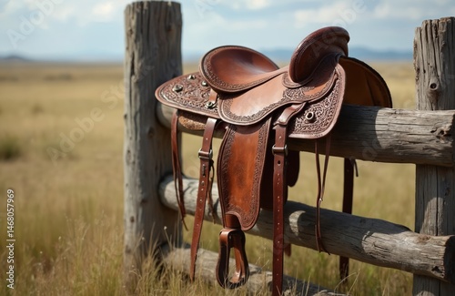 Weathered leather saddle rests on weathered wooden fence post. Saddle has detailed carving. Countryside scene depicts rural life, travel, horse riding, horse racing. Western culture and tradition.