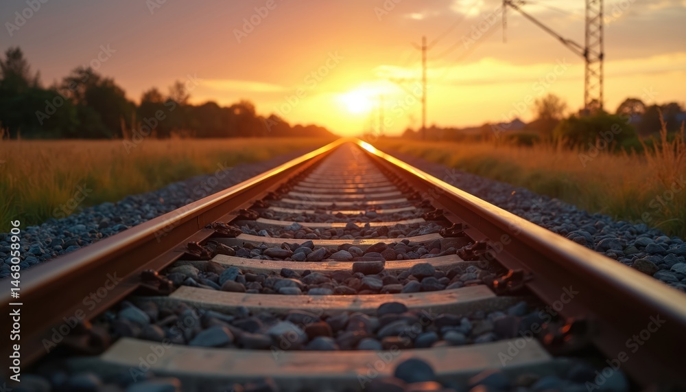 Obraz premium Railway track leads towards sunset. Golden hour, peaceful landscape. Journey, travel concept. Tranquil scenery with horizon, environment. Transportation, travel, adventure.