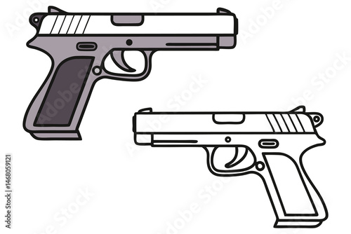 Two stylized handguns, one colored grey and the other outlined in black, rest against white