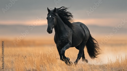 Black horse galloping sunset prairie field
