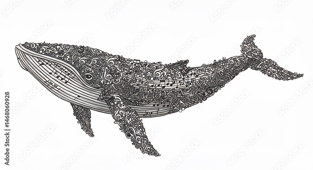 Naklejka premium Detailed monochrome illustration of a whale