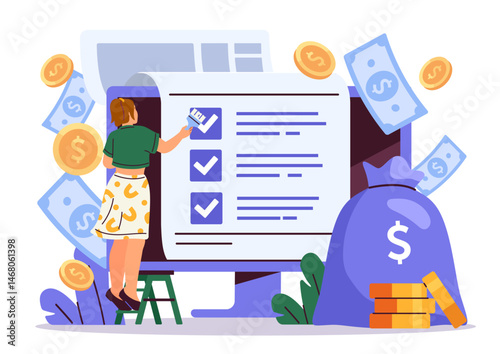 Woman completing financial checklist on large screen, surrounded by coins and bills, flat style on white background. Concept of budgeting and finance. Vector illustration