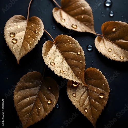 Golden Autumn Leaves with Dew Drops