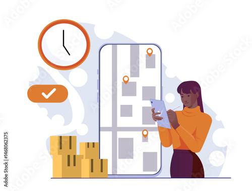 Woman managing delivery on digital tablet near parcels, map with location pins on smartphone screen, clock and check mark, on white background. Vector illustration