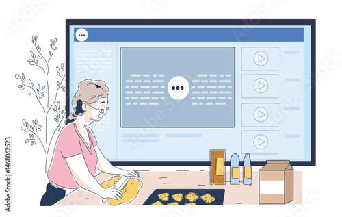 Elderly woman using a rolling pin to prepare dough in a kitchen while watching an online cooking tutorial on a large screen, modern flat cartoon style. Vector illustration