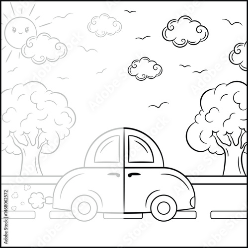 cute cartoon car coloring and complete drawing for kids fun drawing sketch