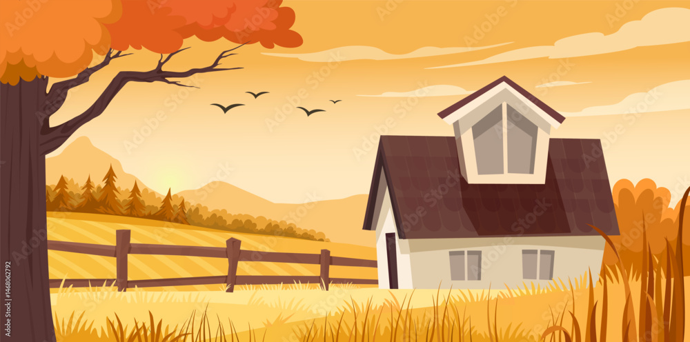 Fototapeta premium Cozy countryside house in autumn field with tree, flying birds, mountains and warm sky, flat cartoon style on soft orange background. Concept of rural living. Vector illustration
