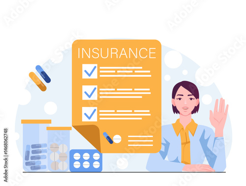 Woman with raised hand beside a checklist labeled insurance, surrounded by pills and medicine containers, flat style, on light abstract background. Concept of medical insurance. Vector illustration