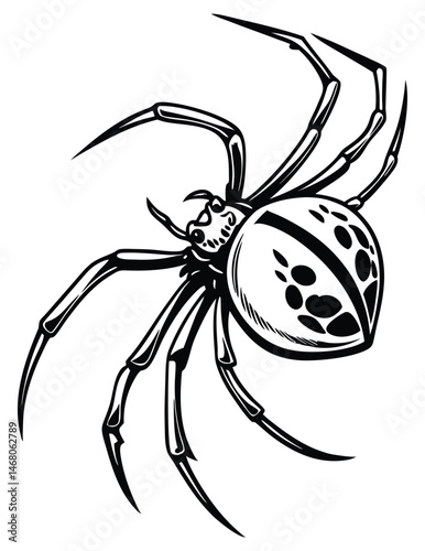 Stylized black and white spider drawing with unique 
patterns