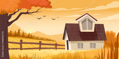 Cozy countryside house in autumn field with tree, flying birds, mountains and warm sky, flat cartoon style on soft orange background. Concept of rural living. Vector illustration