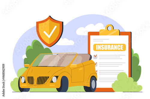 Yellow car, insurance checklist and shield symbol shown in cartoon style on outdoor background with trees and clouds. Concept of vehicle insurance. Vector illustration