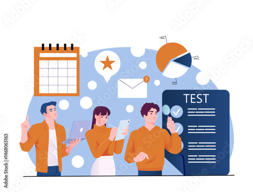 Group of young people studying with gadgets and documents, surrounded by test elements, charts, and calendar on abstract blue background. Concept of education. Vector illustration