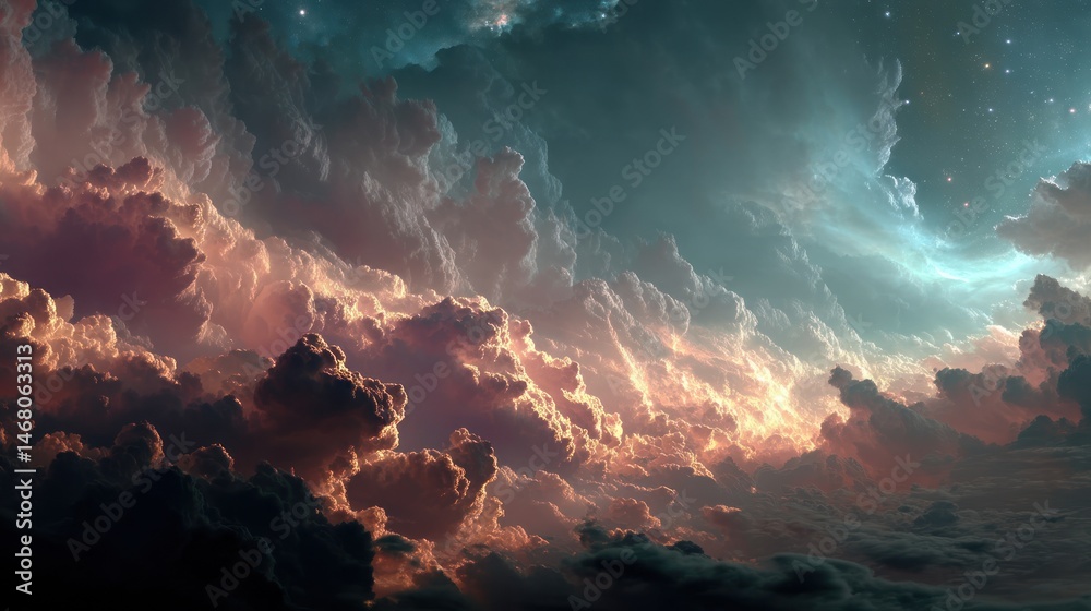 Fototapeta premium Colorful cloudscape, cosmic sunset, starry background, fantasy art