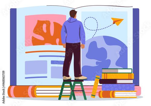 Man standing on stool reading an oversized open book with globe and paper plane imagery, surrounded by books, on white background. Concept of global education. Vector illustration