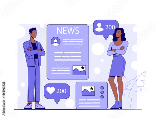 Two people standing near digital newsfeed interface with icons showing likes and followers, flat graphic style, abstract background. Concept of online engagement. Vector illustration