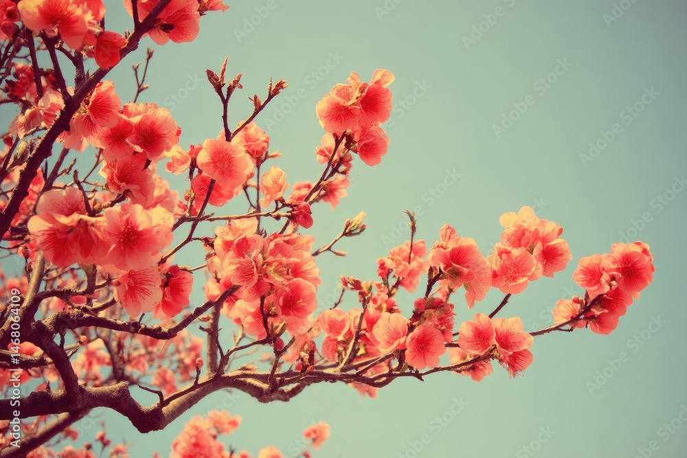Delicate coral blossoms on branches against a soft blue sky Delicate coral blossoms on branches against a soft blue sky