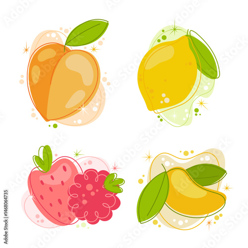 Peach, Lemon, Berries, Mango. The illustration is playful and bubbly, adorned with whimsical accents. The color scheme features soft yellows, pinks, and greens, creating a joyful and summery mood