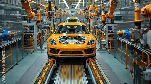 Wallpaper Mural Production process of a vibrant orange sports car in an advanced manufacturing facility Torontodigital.ca