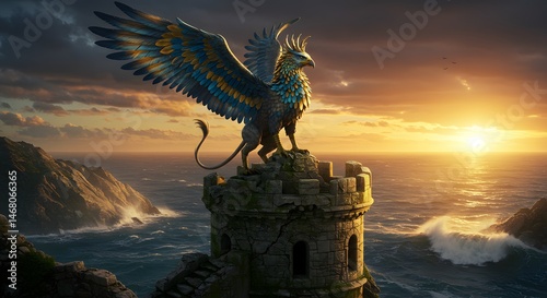 Majestic Griffin Guarding Stone Tower Overlooking Ocean at Sunset