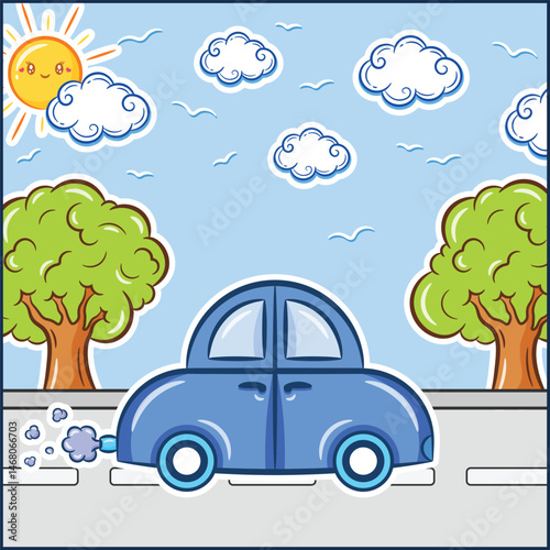 cute cartoon car coloring page for kids fun road scene with trees, clouds, and sun printable activity sheet