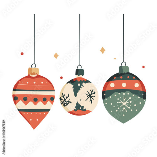 Christmas Tree Ornaments Flat vector, minimalist design, isolated on a white background.
