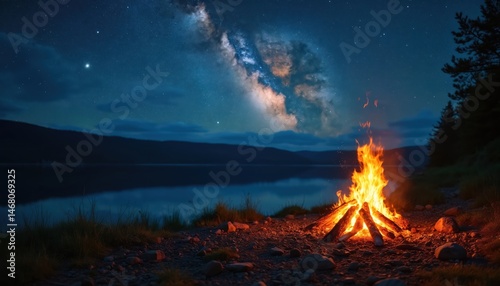 Fototapeta Naklejka Na Ścianę i Meble -  Campfire burns on lake shore night. Stars glow in dark sky. Bonfire flames illuminate the landscape. Camping, adventure, rest, together vacation. Summer travel, outdoor activities.