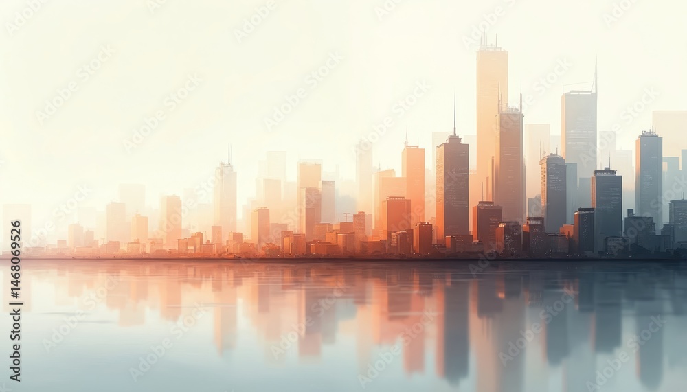 Fototapeta premium Abstract cityscape with geometric shapes in grey, orange colors reflected in water. Modern architecture, urban landscape, skyline, city life concept, building. Digital art perfect for design.