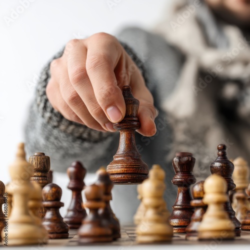 Person Playing Chess Strategic Move Dark Queen Wooden Piece Board Game Strategy Thinking Hand photo