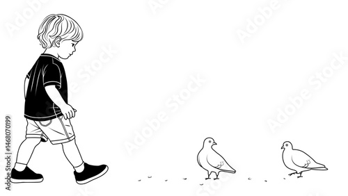 A little child feeds pigeons and watches them. Black and white vector with empty space for text, minimalism. Suitable as a background for a banner or presentations. Isolated on white.