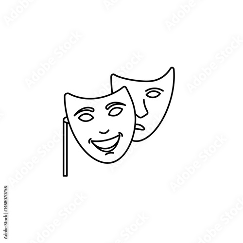 Comedy and tragedy masks illustrating theatrical emotions  on white background. Minimalistic vector black and white linear icon on preschool education and development theme, Line weight 2 px