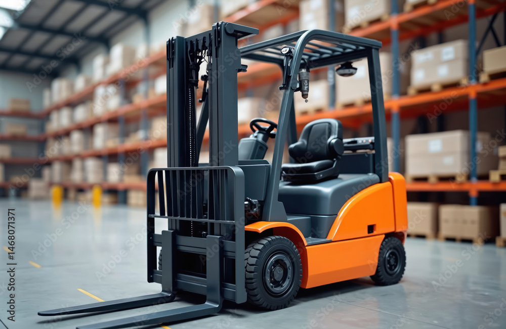 Fototapeta premium Bright orange forklift in warehouse, lifting boxes on pallets. Industrial transport, logistics, cargo handling, warehousing, storage. Modern machine. Warehouse interior with storage racks.