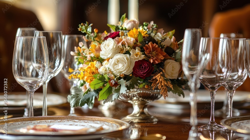 Elegant Autumnal Table Setting with Floral Centerpiece Elegant Autumnal Table Setting with Floral Centerpiece