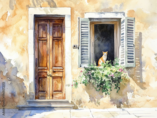Watercolor painting of Mediterranean house entrance with rustic wooden door, open blue window shutters, and climbing plants in window box against weathered yellow wall
