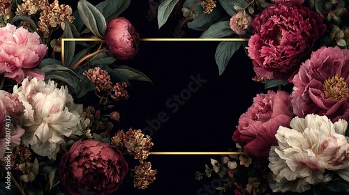 Floral frame with pink and white peonies and dark leaves on a black background