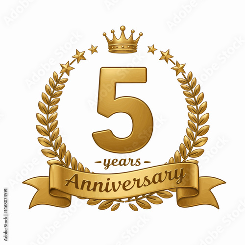 High resolution realistic illustration on a transparent white background: gold logo for the 5th anniversary celebration.