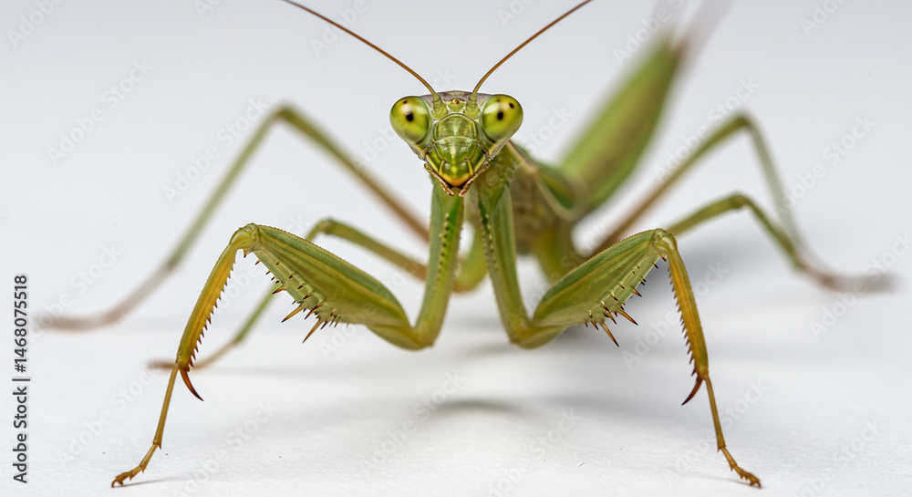 Praying mantis posing on white background: insect close-up photography