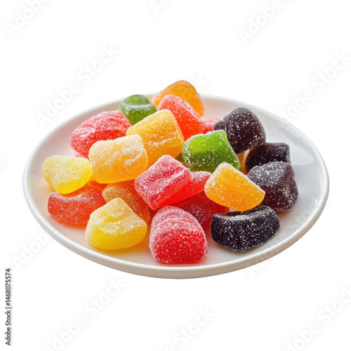 Delicious colorful sugar coated jelly cubes sweet treats red food candy on transparent background
