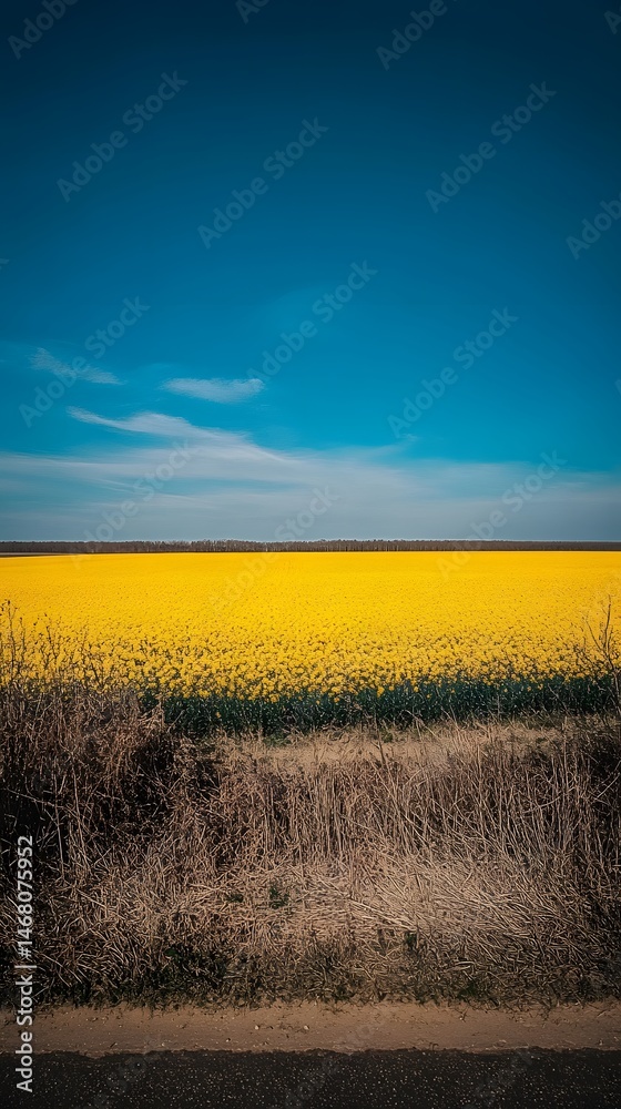 Fototapeta premium Vibrant Yellow Rapeseed Field Under Blue Sky